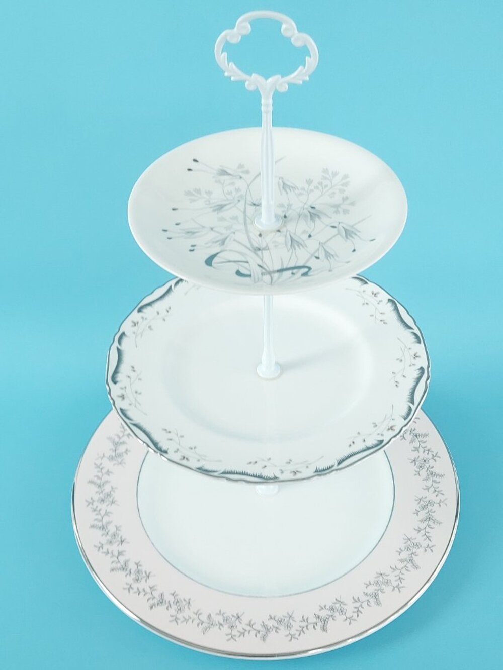 3 Tier Cake Stand Pink Silver Mismatched Afternoon Tea Party Server